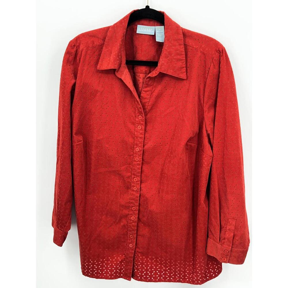 Red Eyelet Button-Down Shirt Plus Size 1X Cotton Blend Liz & Me - Picture 2 of 8